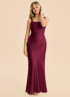 Azazie Agustina Junior Burgundy Sheath Pleated Stretch Satin Dress image3