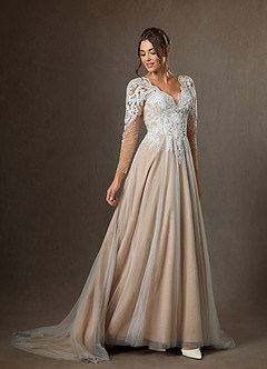 Azazie Essy Wedding Dresses Diamond White Nude A-Line V-Neck Sequins Tulle Dress image5