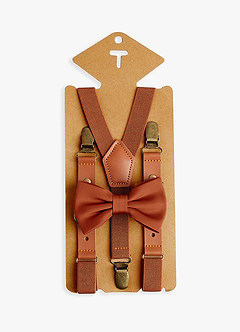 front Boy's Matching Matte Satin Pre-Tied Bow Tie & Suspenders Set