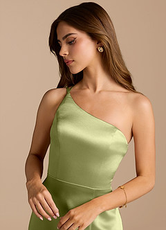 Azazie Trina Bridesmaid Dresses Pistachio A-Line One Shoulder Metallic Satin Dress image8