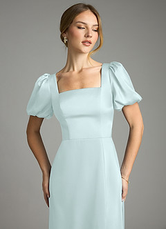 Azazie Fyona Bridesmaid Dresses Sea Glass A-Line Pleated Stretch Satin Dress image6