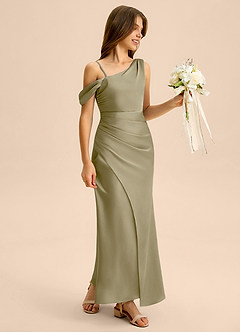 Azazie Madelyn Junior Osłona Zza ramienia Satyna elastyczna Długość podłogi Młodsza druhna Sukienka image6