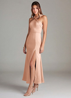 Azazie Rue Bridesmaid Dresses Rose Gold Mermaid Pleated Stretch Satin Dress image4