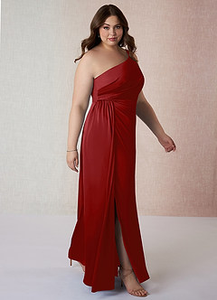 Azazie Mika Final Sale Pomegranate Sheath One Shoulder Stretch Satin Dress image10