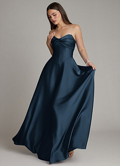 Azazie Meleena Robes de demoiselle d'honneur Robe Trapèze en Satin extensible Bustier Bleu Marine Foncé image5