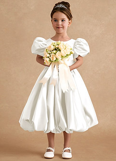 Azazie Jellybean Flower Girl Dresses Ivory Ball-Gown Ruched Matte Satin Dress image3