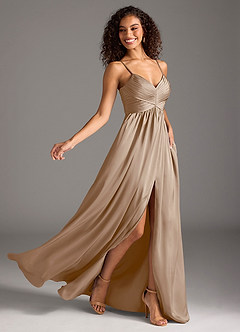 Azazie Alia Bridesmaid Dresses Taupe A-Line Pleated Stretch Satin Dress image2