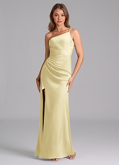 Azazie Eren Bridesmaid Dresses Lemon Sorbet Mermaid One Shoulder Stretch Satin Dress image5