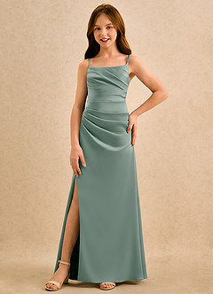 Azazie Cannoli Girls Formal Robe Demoiselle D'honneur Fillette Robe Trapèze en Satin extensible Plissée Sauge D'argent image3