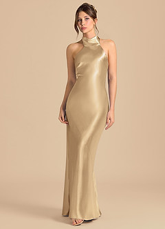 Azazie Velli 신부 들러리 드레스 쉬스 하이넥 메탈릭 새틴 바닥 길이 드레스 image4