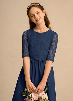 Azazie Pippin Junior Formal vestidos de niña de las flores Vestido de Azul Marino Oscuro de Encaje de Corte En A image5