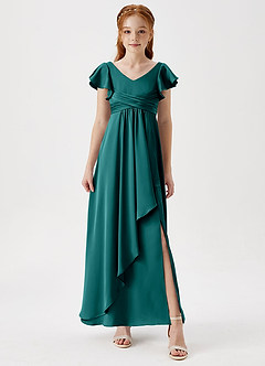 Azazie Omari Junior Peacock A-Line Pleated Stretch Satin Dress image4