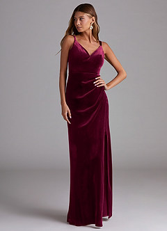 Azazie Leo Bridesmaid Dresses Cabernet Sheath Pleated Velvet Dress image4