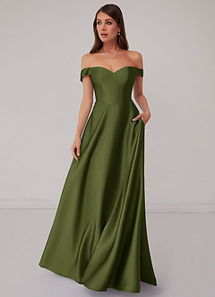 Barbie ♥ Azazie Bridesmaid Dresses Olive A-Line Off the Shoulder Stretch Satin Convertible Dress image3
