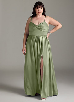 Azazie Zeya At-home Try On Dresses Olive A-Line Pleated Stretch Satin Dress image9