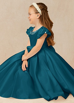 Azazie Jewel vestidos de niña de las flores Vestido de Azul Tinta de Satin Mate de Princesa con Plisado image3