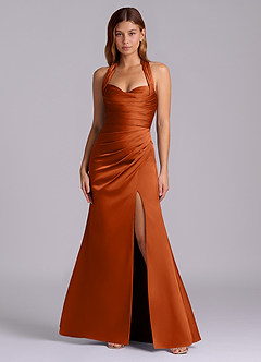 Azazie Destiny Vestidos de damas de honor Vestido de Naranja Quemada de Satén Elástico de Corte Sirena con Escote de Corazón image4