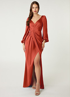 Azazie Mel Bridesmaid Dresses Rust Sheath Long Sleeve Stretch Satin Dress image4