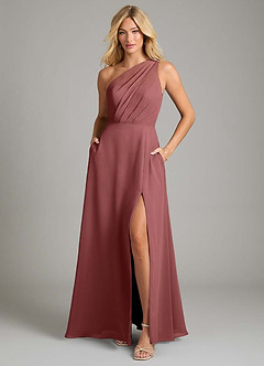 Azazie Phaedra 신부 들러리 드레스 A라인 한쪽 어깨 쉬폰 바닥 길이 드레스 image3