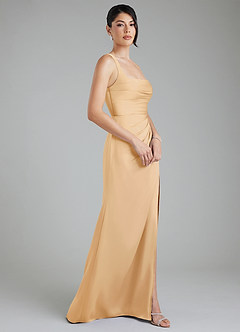 Azazie Sierra Bridesmaid Dresses Gold A-Line Corset Stretch Satin Dress image3