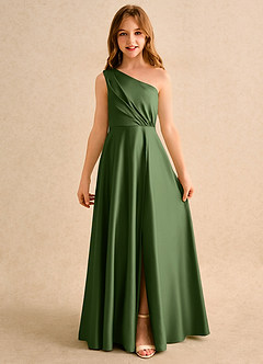 Azazie Puddles Junior Formal Jurken voor bloemenmeisjes A-Lijn Jurk van Mat Satijn One-Shoulder Olijf image4