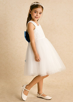 Azazie Dimple Abiti da Ragazza di Fiori Abito Principessa in Tulle Pizzo Avorio Blu Acciaio image5