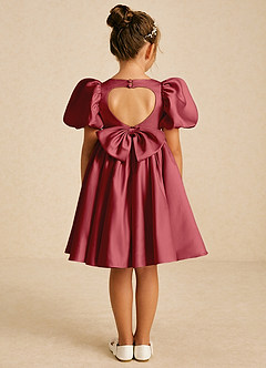 Azazie Muffin Flower Girl Dresses Pomegranate A-Line with Sleeves Matte Satin Dress image1