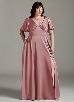 Azazie Kimber Robes de demoiselle d'honneur Robe Trapèze en Satin extensible Rayé Rose Poussiéreuse image9