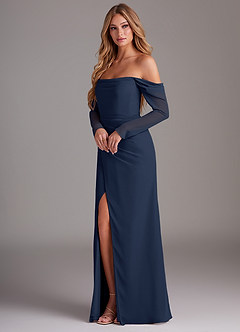 Azazie Hallie Brautjungfernkleider Meerjungfrau-Linie Langarm Chiffon Kleid Dunkelmarine image3