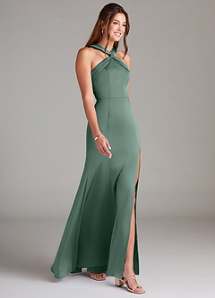 Azazie Rue Bridesmaid Dresses Eucalyptus A-Line Pleated Stretch Satin Dress image4