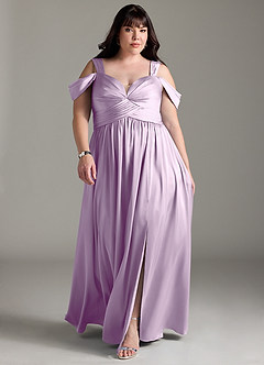 Azazie Lianne Bridesmaid Dresses Frosted Lilac A-Line Off the Shoulder Stretch Satin Dress image1