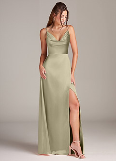Azazie Sarella Bridesmaid Dresses Moss Green A-Line with Pockets Metallic Satin Dress image3