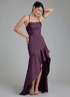 Azazie Jaslene Bridesmaid Dresses Plum A-Line Corset Stretch Satin Dress image5