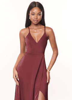 Azazie Maksim Bridesmaid Dresses Merlot A-Line V-Neck Stretch Satin Dress image5