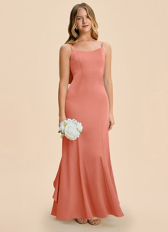 Azazie Lioren Junior Salmon Pink Sheath Bow Stretch Satin Dress image2