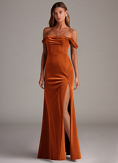 Azazie Saige Bridesmaid Dresses Burnt Orange Sheath Off the Shoulder Velvet Convertible Dress image3