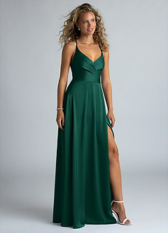 Azazie Davis Bridesmaid Dresses Emerald A-Line Pleated Stretch Satin Dress image5