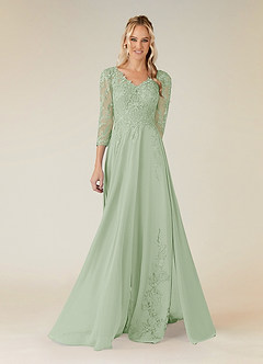 Azazie Noella Mère de la mariée Robes Robe Trapèze en Mousseline de soie Col V Dentelle Vert Sauge image1