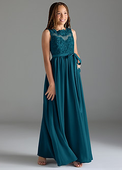 Azazie Elly Junior Abito A-Line in Chiffon Pizzo Blu Inchiostro image4