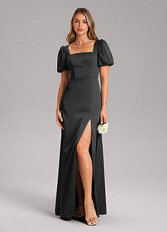 Azazie Fyona Bridesmaid Dresses Black A-Line Pleated Stretch Satin Dress image3