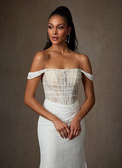 Azazie Idalis Wedding Dresses Diamond White Nude Mermaid Lace Dress image5
