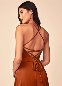 Azazie Mei Bridesmaid Dresses Burnt Orange A-Line V-Neck Stretch Satin Dress image5