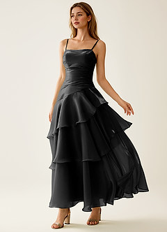 Nicola Noir Robe de bal trapèze en satin à volants image3