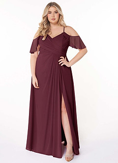 Azazie Dakota Bridesmaid Dresses Cabernet A-Line V-Neck Pleated Chiffon Dress image8