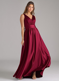Azazie Kora Robes de demoiselle d'honneur Robe Trapèze en Satin extensible Plissée Bourgogne image4