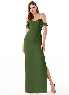 Azazie Emeralda Bridesmaid Dresses Olive Sheath Off the Shoulder Chiffon Dress image3