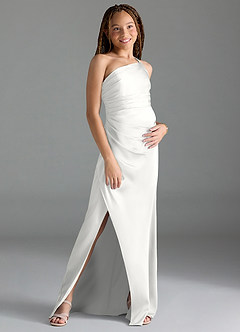 Azazie Eren Junior Vestido Branco de Cetim elástico de Bainha com Plissado image3