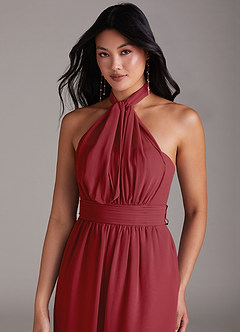 Azazie Lamara Bridesmaid Dresses Pomegranate Off the Shoulder Chiffon Convertible Jumpsuit image2