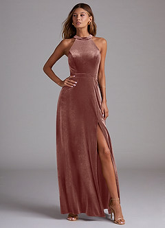 Azazie Clarice Final Sale Rustic Rose A-Line High Neck Velvet Dress image4