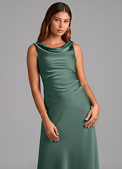 Azazie Nerine At-home Try On Dresses Black A-Line Pleated Stretch Satin Dress image6